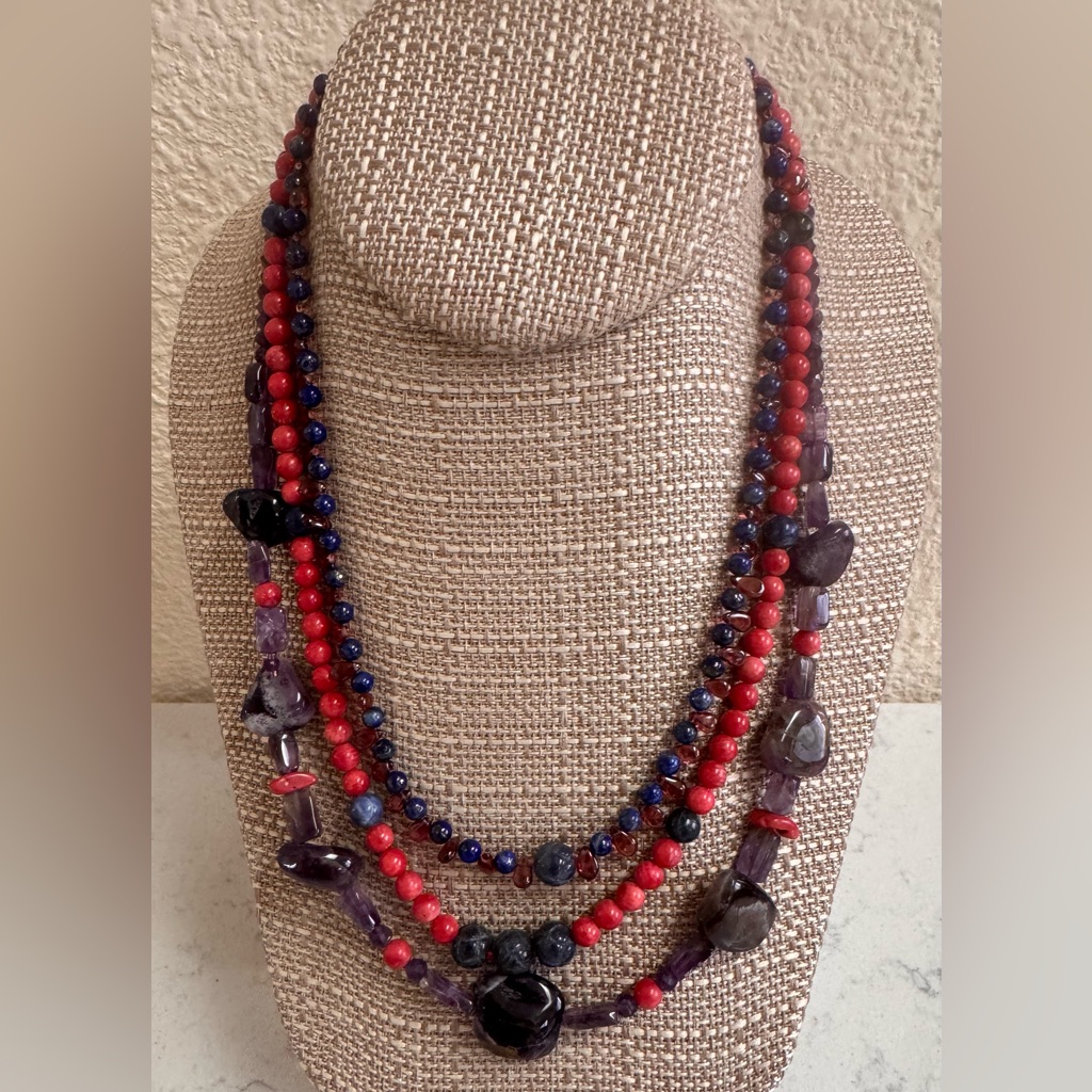 3 Strand Amethyst, Garnet, Lapis, Coral And Sodalite “Berry Patch” Necklace Nwt